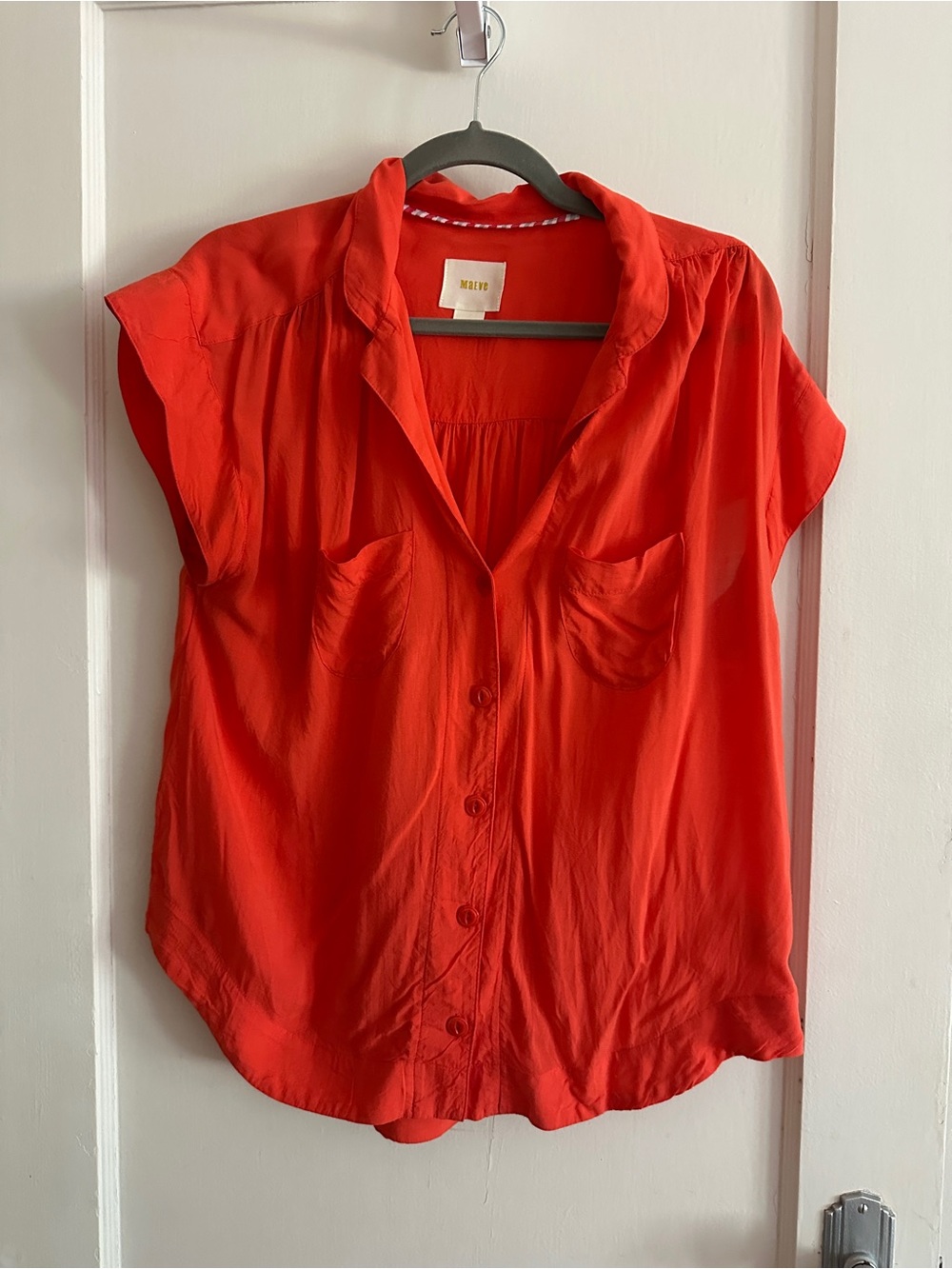 Maeve Bright Red Button-Front Cap Sleeve Blouse